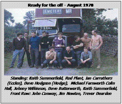Text Box: Ready for the off - August 1970

 
Standing: Keith Summerfield, Rod Plant, Ian Carruthers (Eccles), Dave Hodgson (Hodge),  Michael Farnworth Colin Hall, Johnny Wilkinson, Dave Butterworth, Keith Summerfield, 
Front Row: John Conway, Jim Newton, Trevor Dearden


